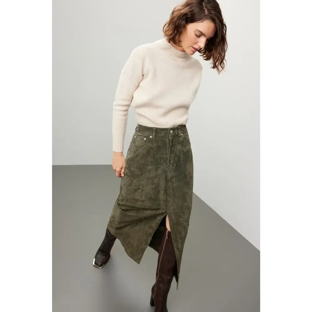 BlankNYC Hunter Green Retro Suede Leather Front Slit Pencil Midi Skirt Size 27 - Picture 2 of 16